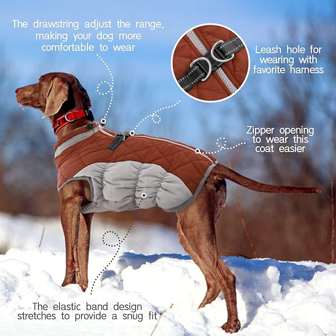 FUAMEY Dog Coat for Large Dogs,Waterproof Dog Winter Jacket with Harness Built in Puppy Cold Weather Coats Reflective Pet Vest with Zipper Warm Fleece Dogs Snowsuit Windproof Brown L