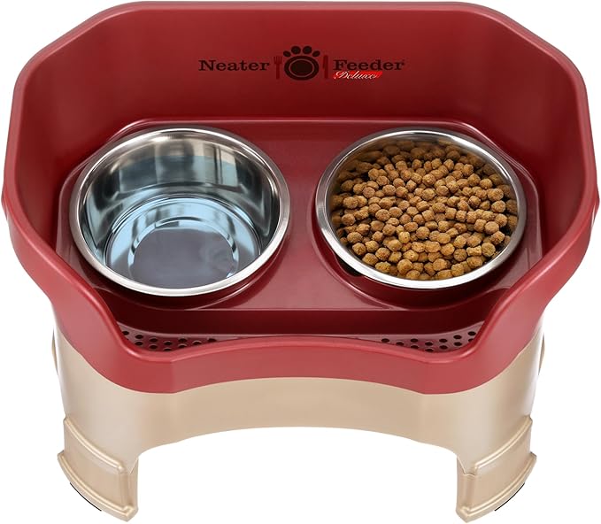 Neater Feeder Deluxe Mess Proof Dog Bowls Elevated Medium Sized Dogs (19-40 lbs) Made in USA, No Spill Raised Dog Food Bowl Stand w/Leg Extension, Stainless Steel Food and Water Bowl Set, Cranberry