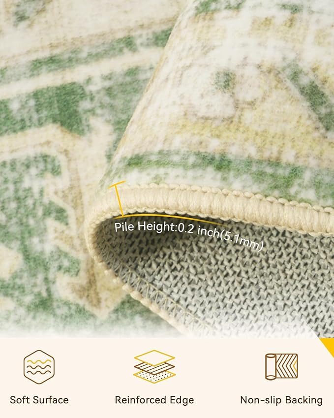 Area Rugs 6ft Washable Non-Slip, Floral Vintage Distress Print Pattern Medallion Carpet for Living Room Bedroom Dining Room, Sage Green Yellow
