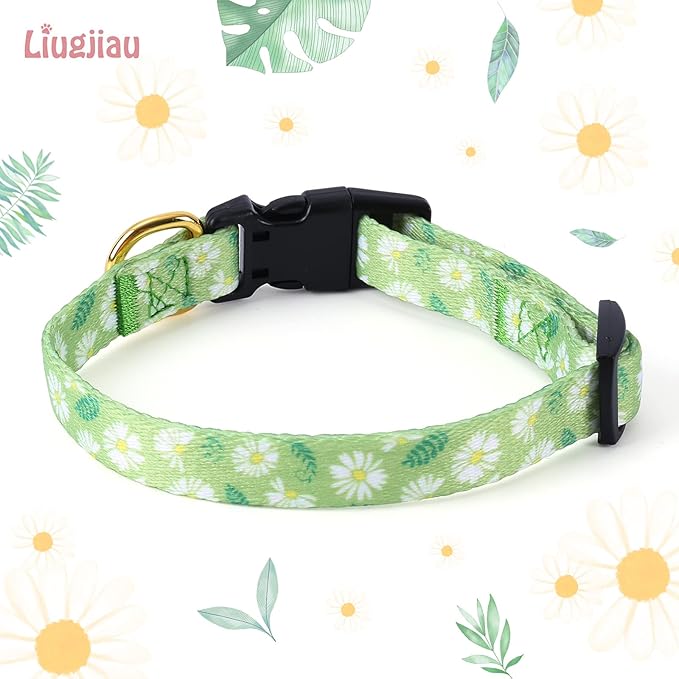 Cotton Handmade Dog Collar for Small Medium Large Dogs,Green Daisy with Pendant Cute Dog Collars (Small)