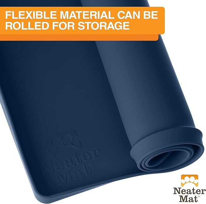 Neater Pet Brands Neater Mat Pet Mats for Food and Water, Cat & Dog Bowl Mat Waterproof Silicone, Feeding Tray, Dog Food Mats for Floors, Placemat w/Raised Edge for Under Bowls, 16” x 10”, Dark Blue