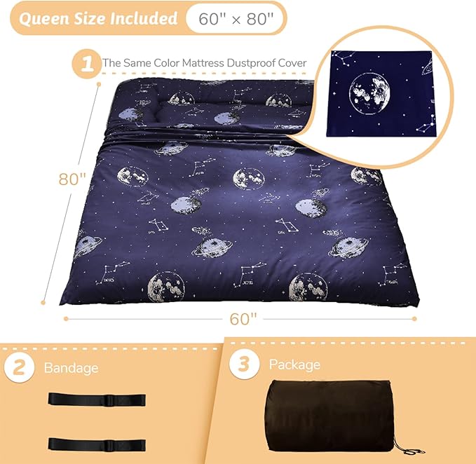 MAXYOYO Navy Space Adventure Japanese Floor Futon Mattress, Thicken Tatami Mat Sleeping Pad Foldable Bed Roll Up Mattress Floor Lounger Bed Couches and Sofas for Kids Queen Size