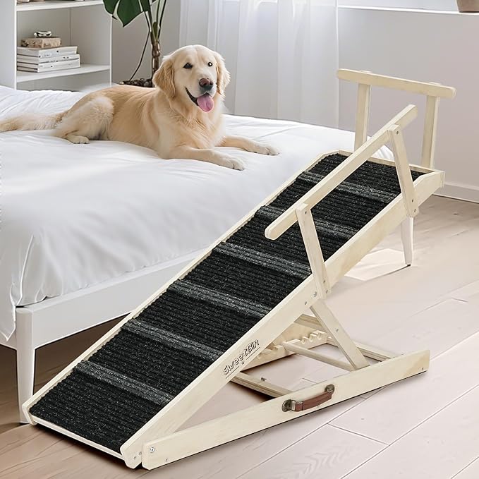 Dog Ramp for Bed - Foldable Small to Large Dog Ramp for Couch - 7 Adjustable Height from 11" to 27" - Stairs with High Traction Mat - Wooden Portable Ramp for Dogs to Get on Bed Couch Car Up to 200LBS