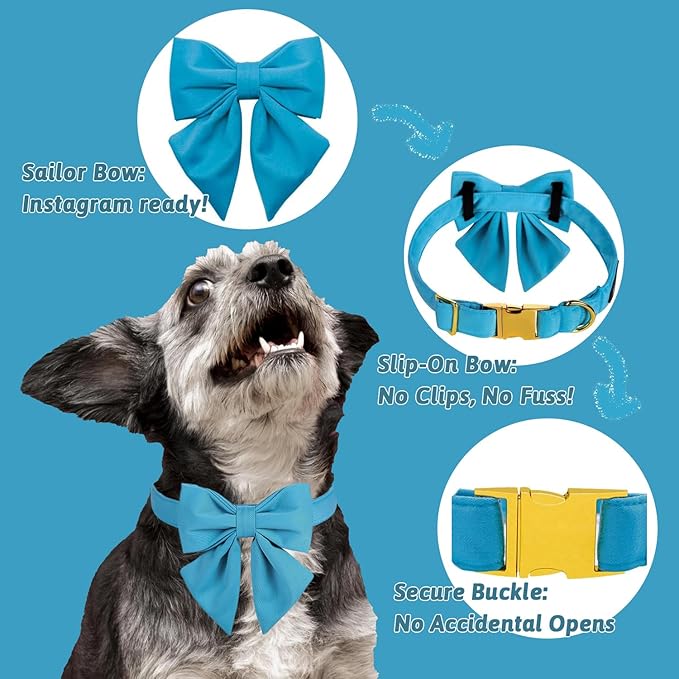 Maca Bates Sky Blue Dog Collar with Cute Solid Sailor Bow Tie for Large Girl Boy Dogs,Adjustbale Durable Breakaway Soft Collars with Bowtie for Female Male Puppy,Pet with Metal Buckle