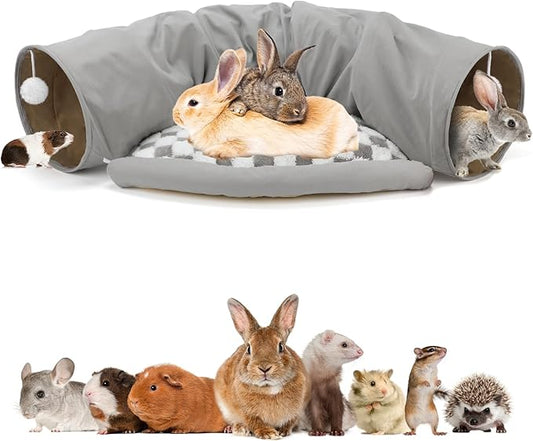 BWOGUE Bunny Tunnel Bed, 2-in-1 Collapsible Tunnel Tubes Toys with Removable Mat Hideout for Cats Kittens Rabbits Guinea Pigs Kitty (Gray)