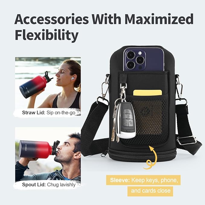 64 oz Insulated Water Bottle with Straw (Cold for 48 Hrs), Half Gallon Stainless Steel Triple Wall Vacuum Sports Water Jug, Leakproof Hydro Cup Flask with Straw Spout Lids & DIY Stickers