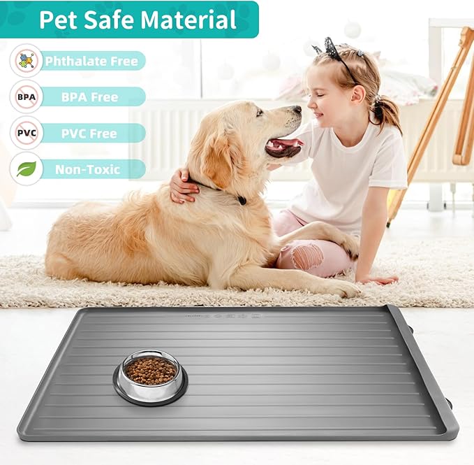 Dog Mat for Food and Water - 39.4" x 27" Large Pet Feeding Mats with Residue Collection Pocket - Waterproof Dog Cat Bowl Mat with High Edges to Prevent Water and Food Spills (Light Grey)