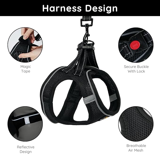 BELLA & PAL Step in Vest Harness for Small and Medium Dogs, No Pull Small Dog Harness with Leash Set, Comfortable Air Mesh Dog Vest Harness with Reflective Strip (Deep Black, L)