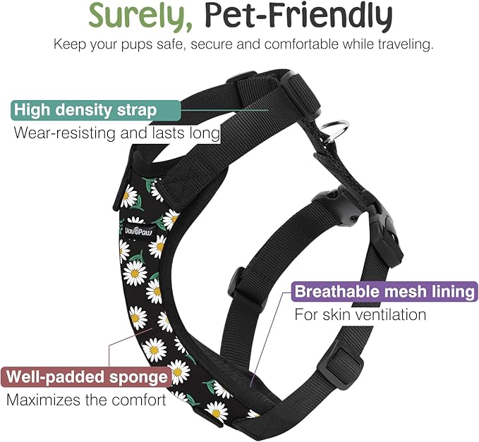 Dog Seat Belt, Safety Vest Dog Car Harness with Adjustable Buckle Dog Seat Belt for Vehicle Nylon Pet Safety Seat Belts Heavy Duty(XL, Black Daisy)