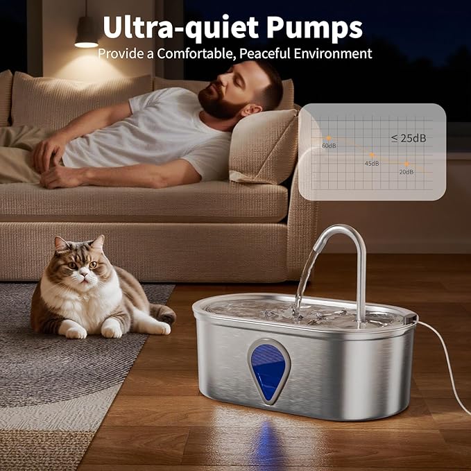 Cat Water Fountain Stainless Steel, 3.5l/118oz Cat Fountain with Water Level Window Silent Pet Fountain for Drinking, Automatic Cat Water Dispenser Indoor（118oz）
