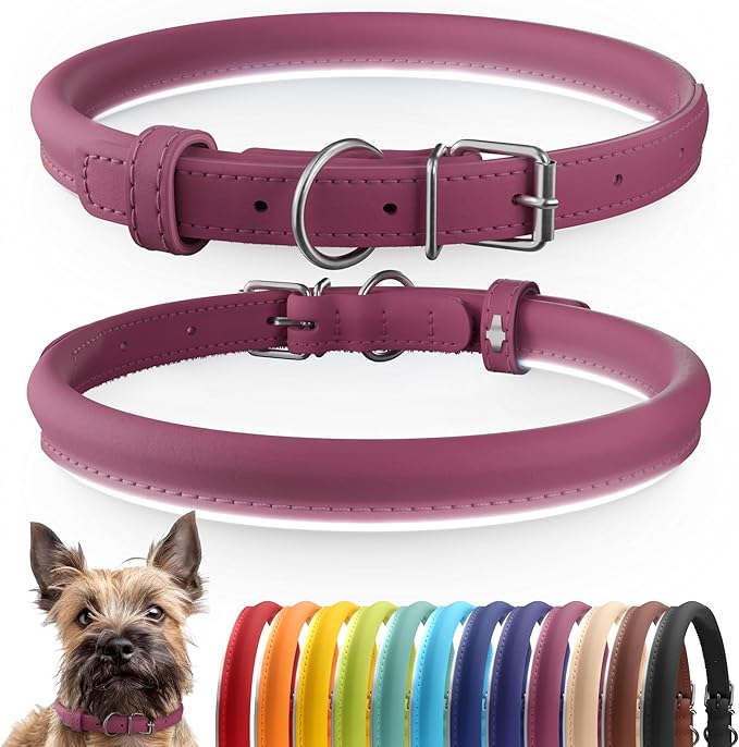 CollarDirect Rolled Leather Dog Collar, Soft Padded Round Puppy Collar, Handmade Genuine Leather Collar Dog Small Large Cat Collars 13 Colors (8-11 Inch, Pink Smooth)