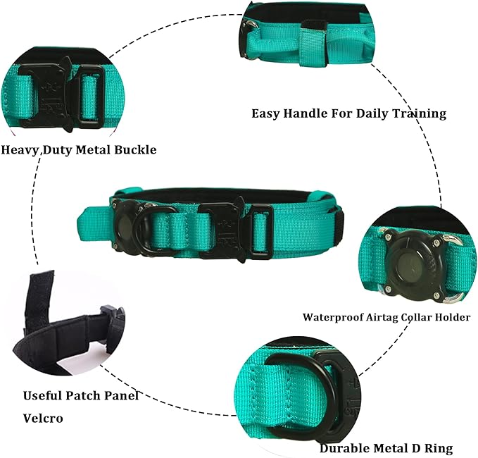 Xqpetlihai Upgraded AirTag Dog Collar Waterproof Tactical Dog Collar with AirTag Holder Heavy Duty Dog Collars for Large Dogs (Teal，XXL