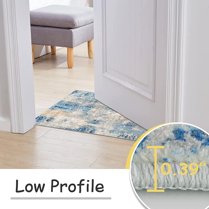 Lahome Modern Abstract Rug Runners for Hallways Non Slip, 2x7 Carpet Runner Rug for Kitchen Non Skid Washable, Soft Floor Mat for Bathroom Bedside Entrance RV, Blue/Yellow/Ivory