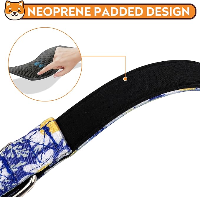 Reflective Dog Collar, Adjustable Soft Neoprene Padded Nylon Pet Collars with Buckle for Puppy and Small Dogs, Cats, Small Daisies Blue,S