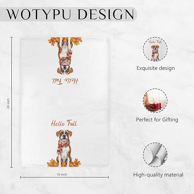 Fall Boxer Kitchen Towels, Boxer Lover Gifts Dish Tea Towel for Kitchen Decor, Farmhouse Fall Autumn Maple Leaf Dog Hand Towels for Bathroom Decor,16X24 Inch