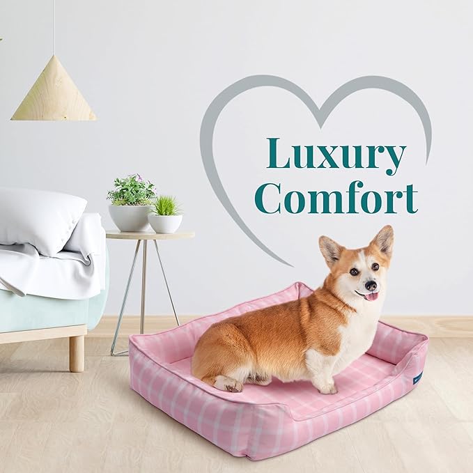 Orthopedic Bolster Dog Bed – CertiPUR-US Foam, Recycled Polyester Canvas, Washable Cover, Anti-Slip Bottom, Medium, Pink Check – Stylish Designer Dog Sofa