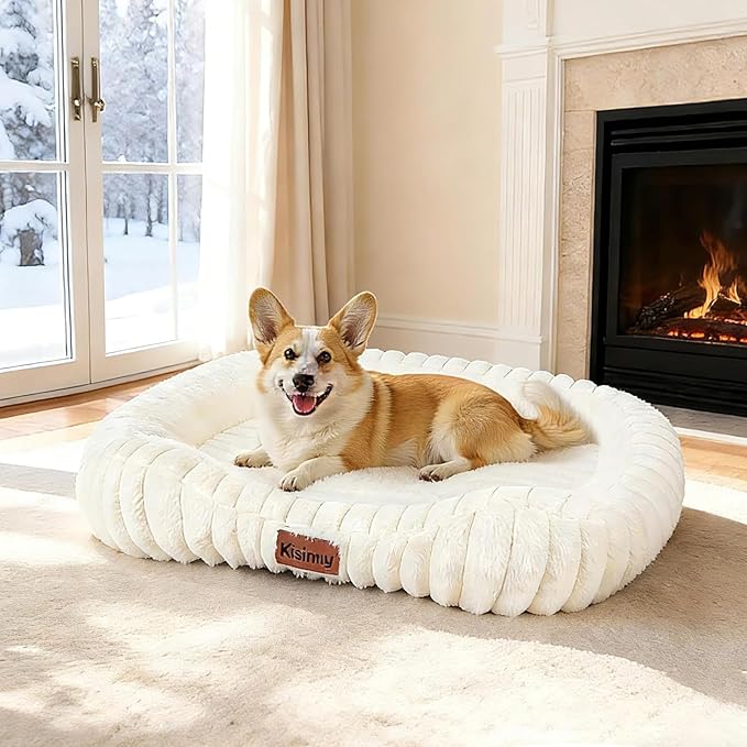 Orthopedic Dog Bed for Large Dogs, Comfort-Sided Calming Pet Bed with Breathable Memory Foam, Plush Faux Rabbit Fur & Non-Slip Bottom, Machine Washable with Carry Handle, 35"x27"x5.5", Cream