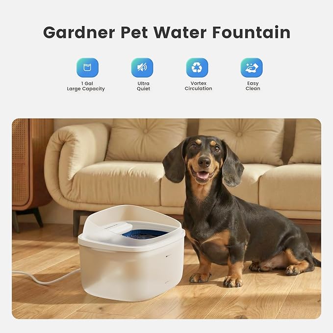 Gardner Pet 1 Gallon Pet Water Fountain, Vortex Dog Water Dispenser, Ultra Quiet Automatic Cat Fountain with Filter, Splash-Proof, Easy to Clean,Without Adapter(UV,White)