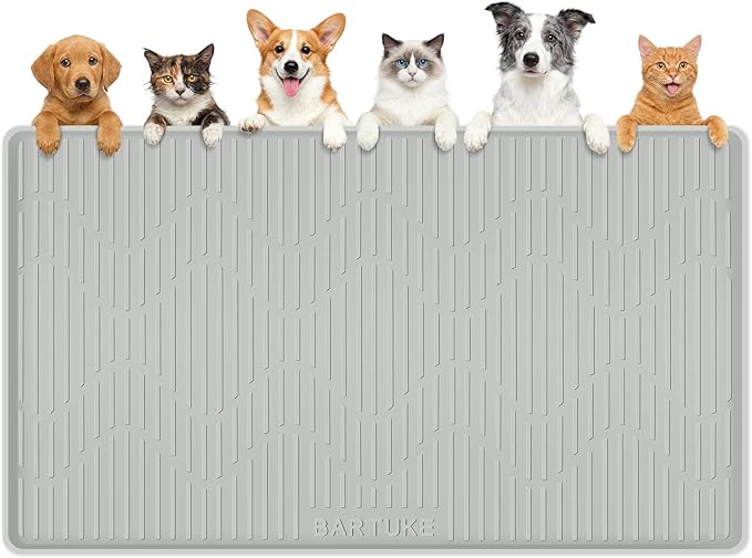 Silicone Cat & Dog Food Mat, 55" x 38" Extra Large Pet Feeding Mat for Cats and Dogs Bowl, Pet Placemat for Food and Water with Raised Edge, Waterproof, Leakproof (Grey)