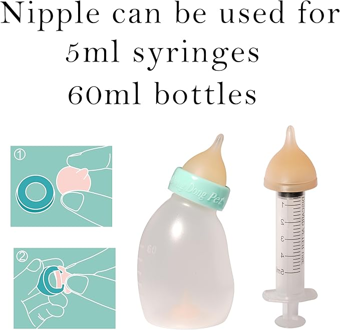 Silicone Feeding Nipple and Syringes for Newborn Kittens, Puppies, Rabbits, Small Animals, Bubble Milk Bowl (3 Size Nipple+3 Syringes)