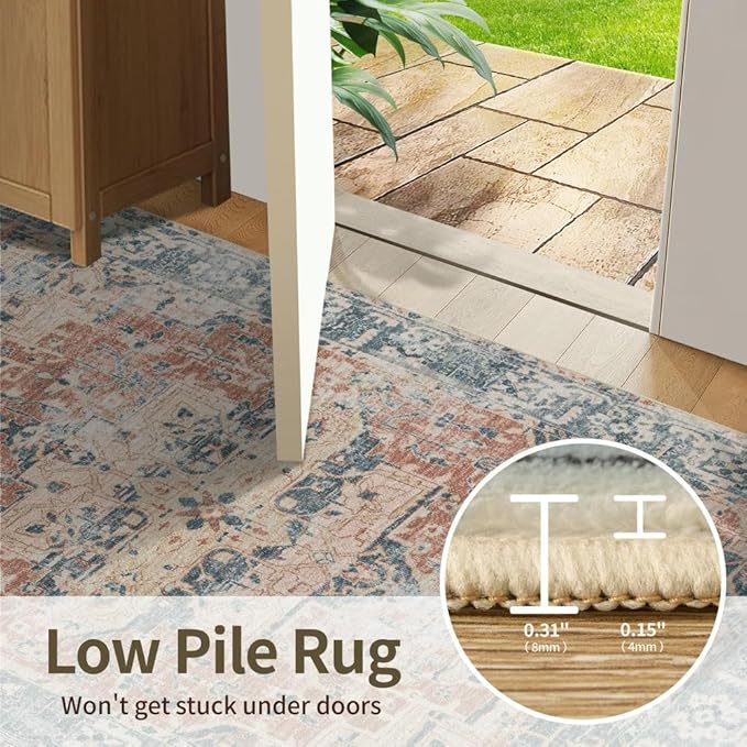 6x9 Area Rugs for Living Room Bedroom, Large Washable Rug, Coral Vintage Floral Boho Style, Non Slip & Low Pile Carpet for Indoor Dining Room, Dorm and Kids Room(Coral Blue 6x9ft)