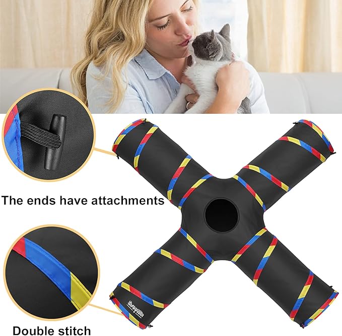 4 Way Large Cat Tunnels for Indoor Cats - 10" Diameter & 47" Long Play Tunnel Toy - Cat Tube with Play Ball & Mouse Toy - Interactive Peephole (Black)