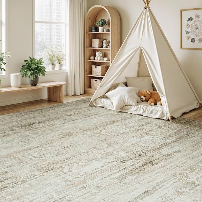 Washable Large Area Rugs 8x10 for Living Room Bedroom Dining Room, Luxury Cozy Neutral Retro Distressed Stain Resistant Beige Rug, Soft Faux Wool Non Slip Indoor Foldable Carpets