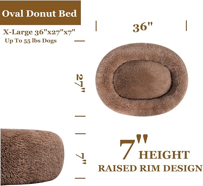 Coohom Oval Calming Donut Cuddler Dog Bed,Shag Faux Fur Cat Bed Washable Round Pillow Pet Bed(30"/36"/43'') for Small Medium Dogs (XL(36"x27"x7"), Camel)