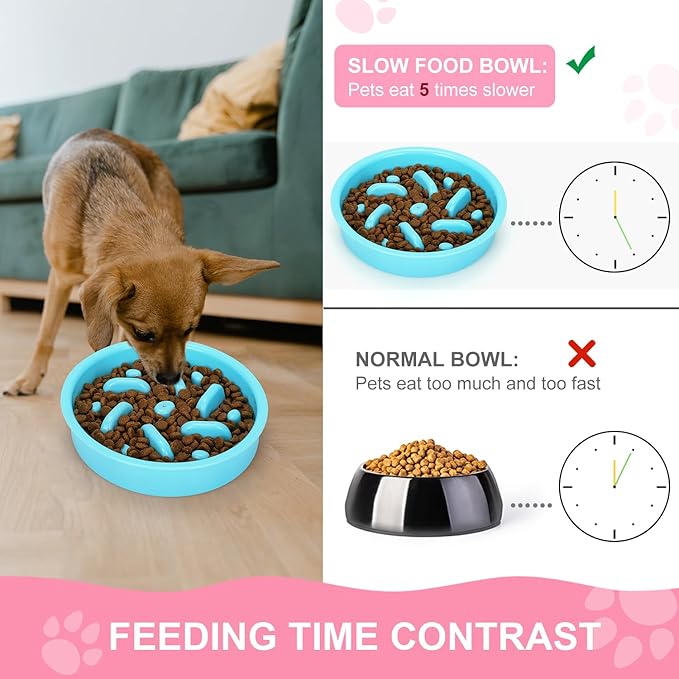 Slow Feeder Dog Bowls 3 in 1 Stainless Steel Dog Food and Water Bowls with Non-Spill and Non-Skid Silicone Mat to Slow Down Eating for Large Medium Small Breed Size Dogs and Cats
