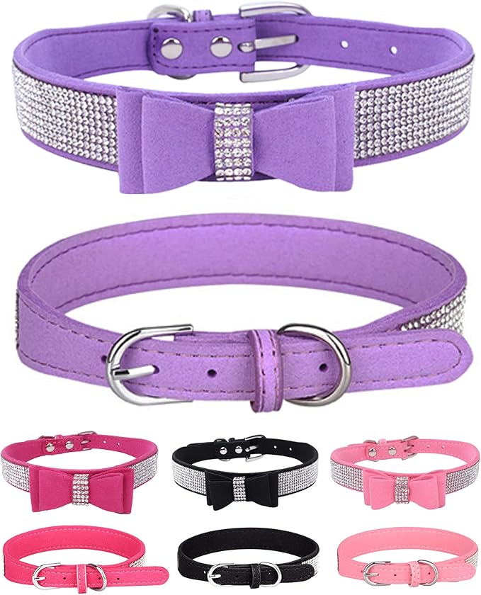 Bling Dog Collar for Small Medium Large Dogs, Crown Rhinestone Dog Collars for Girl and boy Dog, Diamond Puppy Collars, Adjustable Leather Suede SOFE Cat Collar (M(13"-15.4"/33CM-39CM), Purple3)