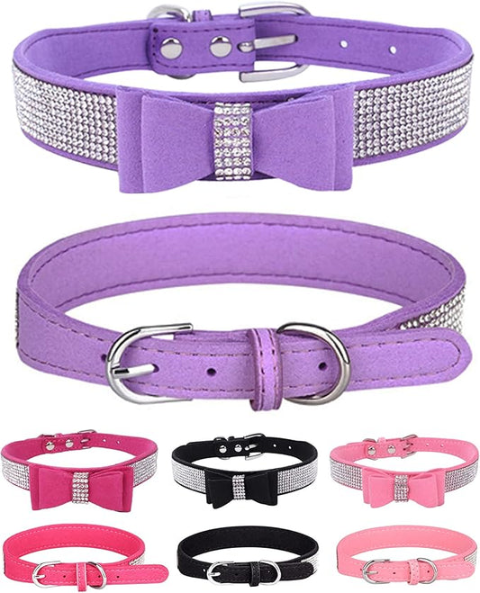 Bling Rhinestone Dog Collars for Small to Large Dogs, Adjustable Leather Suede SOFE Cat Collar (L(15"-18.1"/38CM-46CM), Purple)