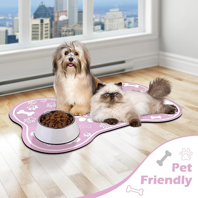 Dog Cat Mat for Food and Water,Rapid Absorbent Pet Feeding Mat, Bone Shaped Dog Placemat Bowl Mat with Rubber Backing,No Stains Pet Food Mats Indoor, Pet Accessories Supplies,Pink 17"×29"
