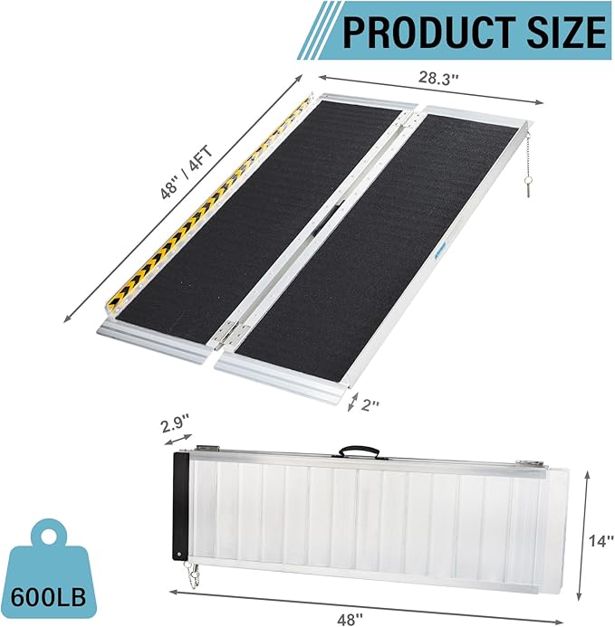 4FT Wheelchair Ramp, Anti-Slip Aluminum Folding Portable Handicap Threshold Entry Ramp for Home, Doorways Steps, Scooter, Stairs, 600LBs Capacity