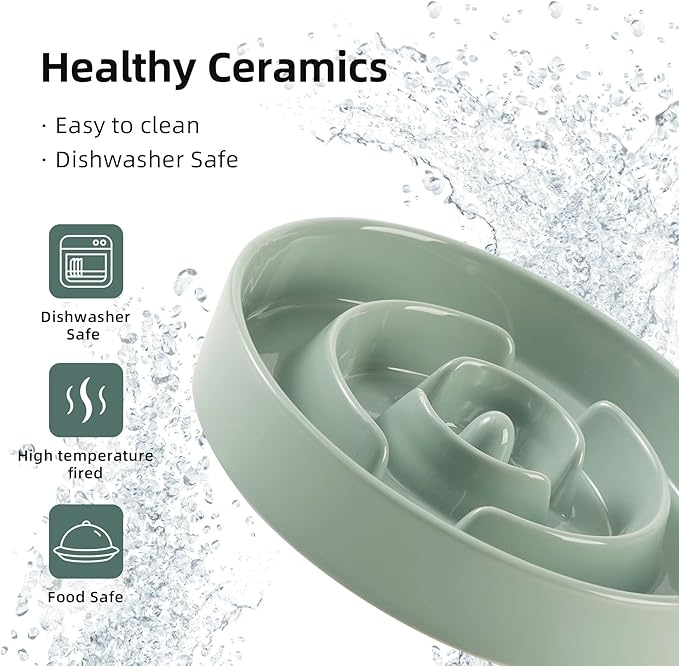 Ceramic 1.2 Cup Raised Slow Feeder Dog Bowl Set, Elevated 6.1inch Bowl and 7.3inch Puzzle Slow Food Dish with Wooden Stand for Medium and Small Dog, Anti-Gulping (2 x Light Green+ Stand)