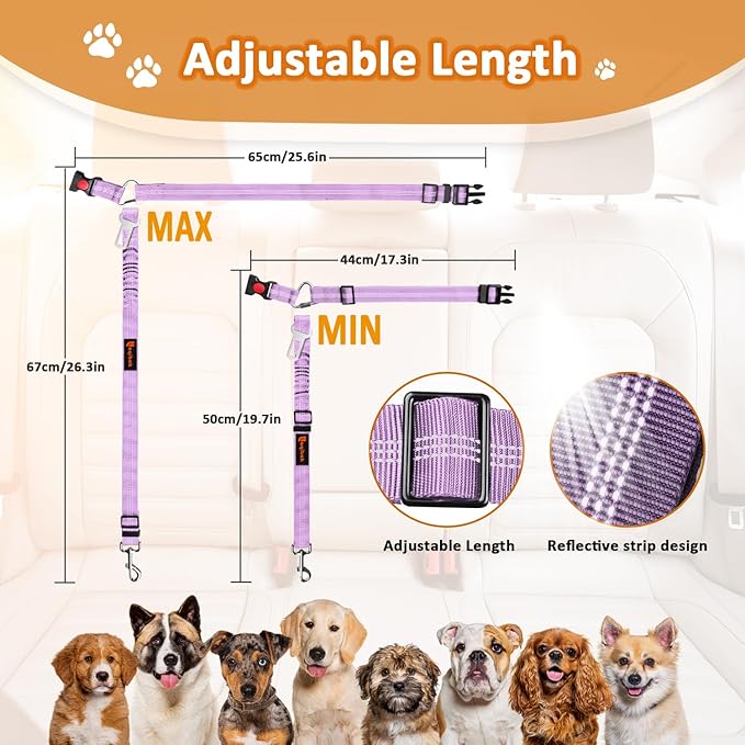 Removable Dog Seat Belt Harness for Car, 3 in 1 Pet Dog Car Seatbelt Leash, Retractable Restraint Secures to Vehicle Headrest & Adjustable Reflective Bungee Dog Seatbelt Tether, Purple