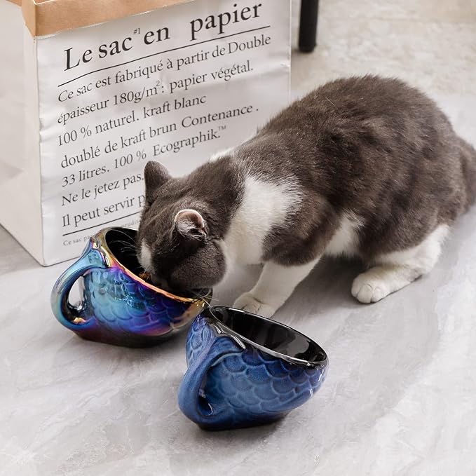 Nihow Cat Food Bowl: 5.7 Inch Ceramic Raised Cat Dish - Elevated Pet Bowl for Protecting Pet's Spine - Colorful Blue (4OZ /1 PC)