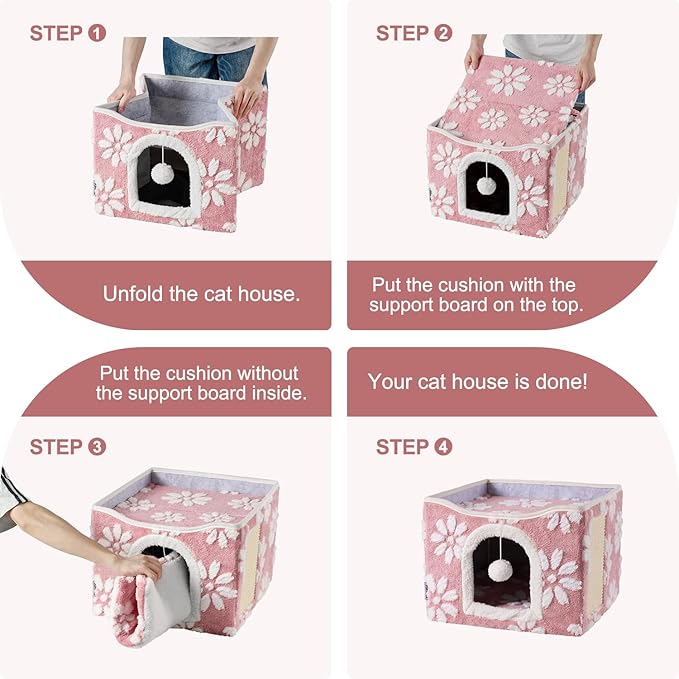 Cat Houses for Indoor Cats, Cute Cat Cave with Fluffy Ball Hanging and Scratch Pad, Foldable Kitten Condo Hideaway, 17x17x13 inches, Pink Flower