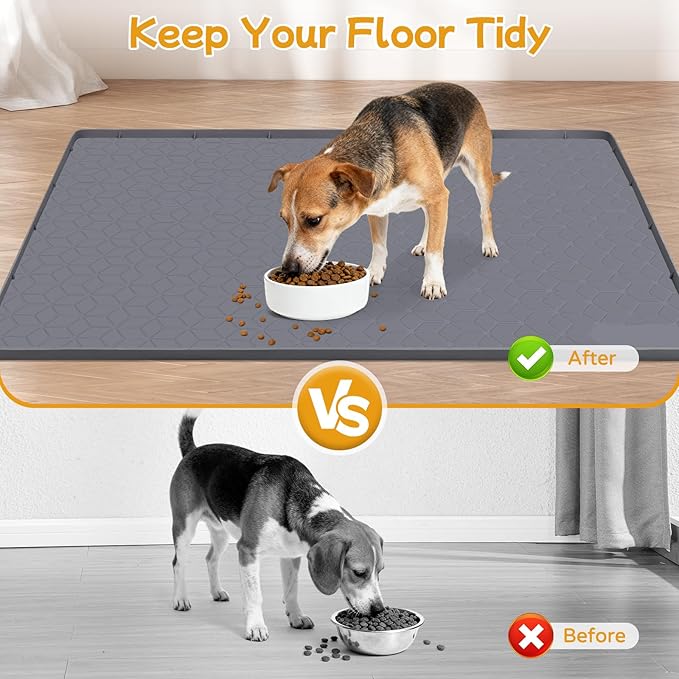 Lanstics Dog Food Mat, 34" x 22" Large Silicone Mat Dog Feeding Mat with Raised Edge Non-Slip Pet Feeding Mat for Food and Water Bowl, Easy to Clean, Floor Protection (Gray)