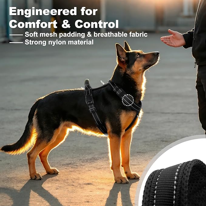 No Pull Dog Harness with Handle, Soft Mesh Padded Adjustable for Small Medium Large Dogs | Reflective Easy Walk Harness with Front Clip for Training, Running & Outdoor (Black, L)