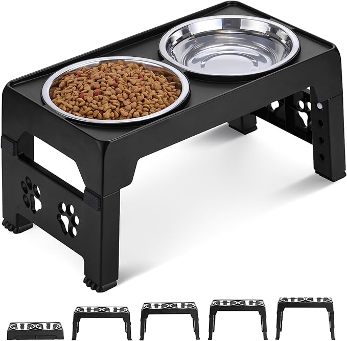 Elevated Dog Bowls, Raised Bowl with 2 Stainless Steel Food Bowls, Dog Bowls Stand Adjusts to 5 Heights 2.95", 8.46", 9.65", 10.82", 12.01" for Small Medium Large Cats Pets,Black