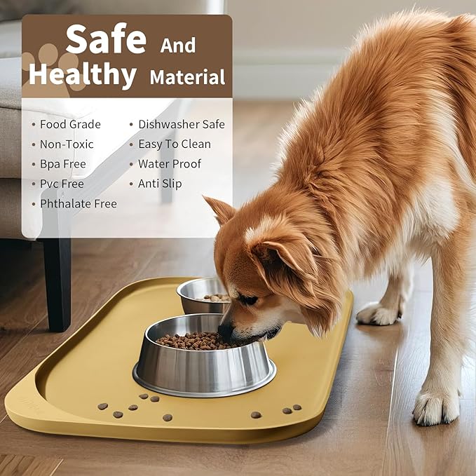 Silicone Pet Food Mat with Raised Edge for Food and Water Bowl, Dog Feeding Mats, Cat Food Trays for Floor Waterproof, Rubber Tray for Dogs and Cats, 17 x 12 x 0.7 Beige