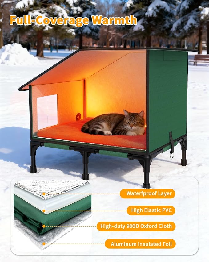 Heated Cat House for Outside, Elevated Cat Shelter with Heating Pad & Escape Door, Extremely Insulated Outdoor Cats Shelter for Feral Cats, Community Pets, Kittens