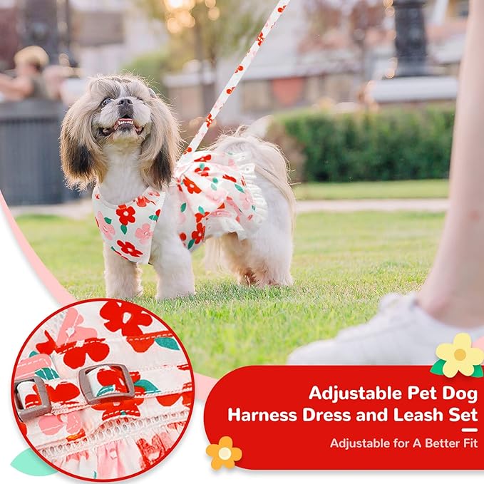 Dog Harness Dress Leash Set for Small Dog Summer Clothes Girl Female Puppy Cats Outfits Cute Floral Bowknot Princess Birthday Dress for Extra Small Pet Doggie Kitten Outfits Apparel(Red,S)