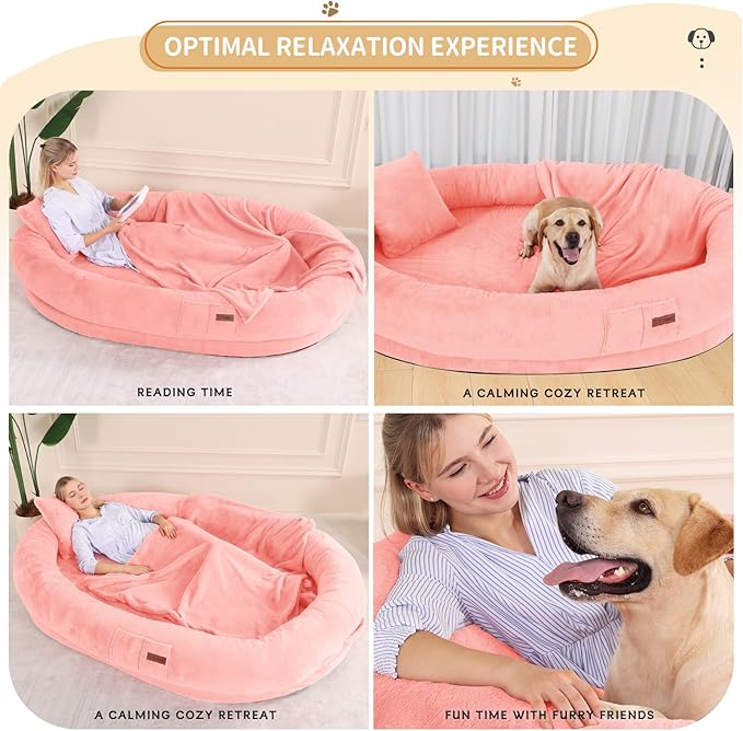 Human Dog Bed for Adults, 73"x56"x12" Washable Orthopedic Size, Faux Fur Removable, Cozy Large Present with Blanket and Pillow, Pink