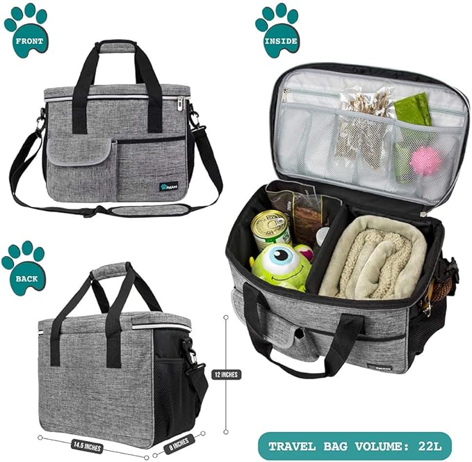 PetAmi Dog Travel Bag - Organizer with Food Container, Bowls & Accessories for Weekend Camping, Cat Diaper Bag (Grey, Medium)