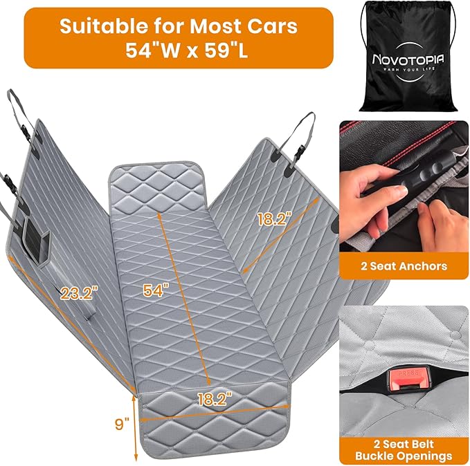 Dog Car Seat Cover for Back Seat 100% Waterproof, Long-Lasting and Soft Nonslip Backseat Dog Cover for Cars, SUVs and Trucks (Grey, Standard (54" W x 59" L))