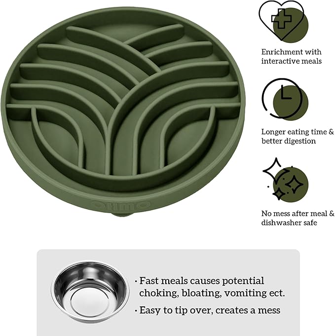 OHMO Slow Feeder Dog& Cat Bowl, Silicone Puppy Cat Food Bowl with Anti-Slip Suction Cup Slow Down Small Dogs Eating, Anti Choking (S-Tree of Life,Camo Green)