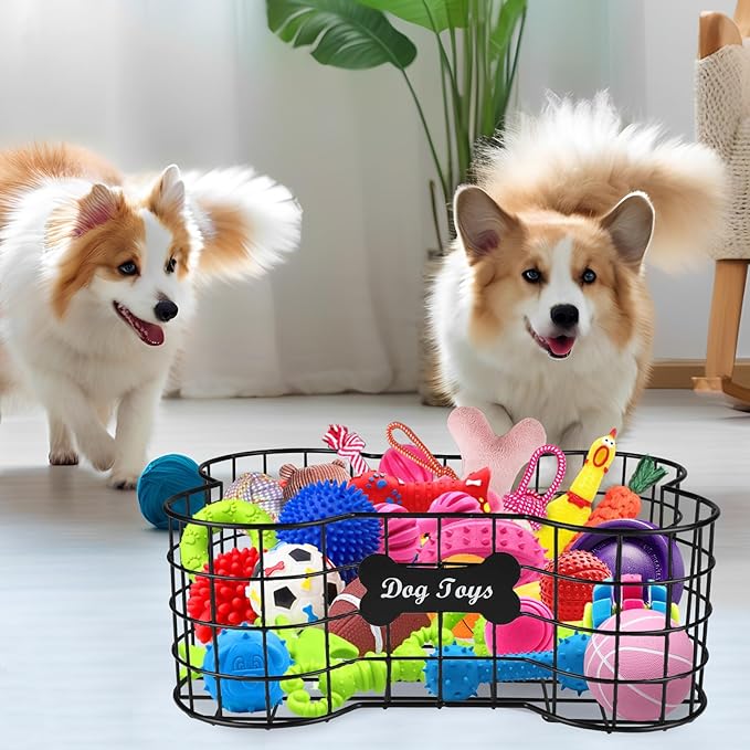 Geyecete Dog Toy Basket, Bone Shaped, Black, Metal, Storage, Pet Accessories Dog Storage Organizer Dog Toy bin Dog Toy Box Dog Toy-L