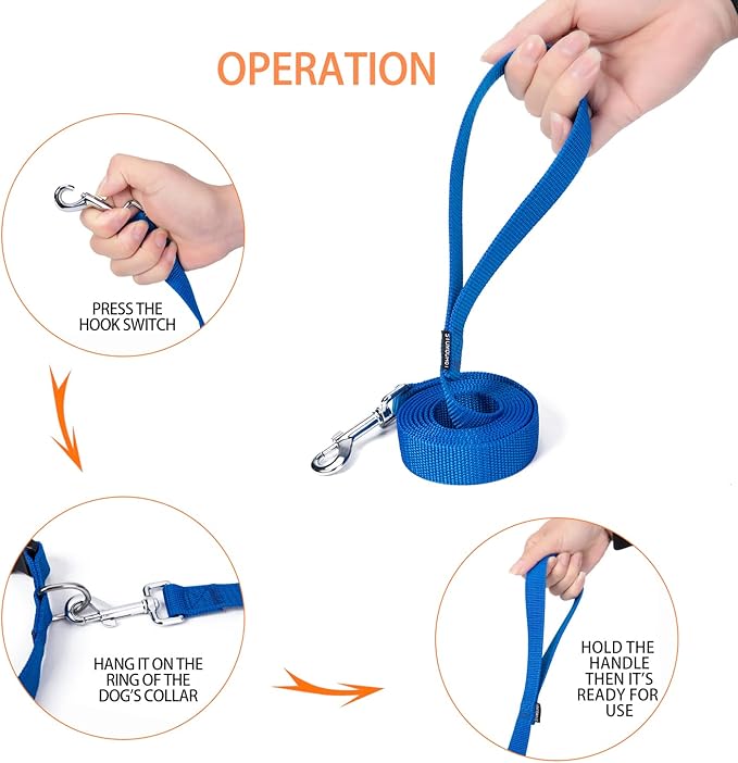 Strong Durable Nylon Dog Training Leash, 1 Inch Wide Traction Rope, 6 ft 10ft 15ft Long, for Small and Medium Dog (Blue, 6 Feet)