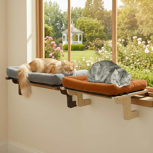 2 Pack Cat Window Perch with Cushion Bolster and Cool Pad, Cat Hammocks for Windows with Wood & Robust Metal Frame for Large Cats (Natural & Walnut Wood with Brown & Gray Cushion, 24" W)
